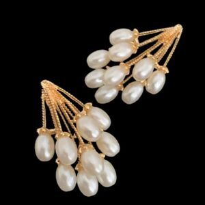 Grape Cluster Faux Pearl Drop Earrings Gold Tone